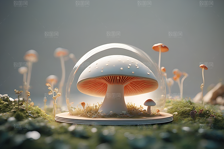草地中的蘑菇群与逼真背景