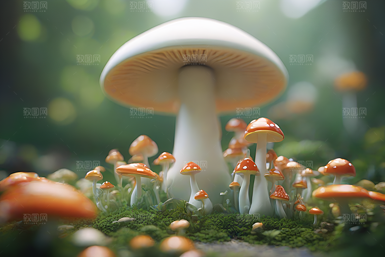 草地中的蘑菇群与逼真背景