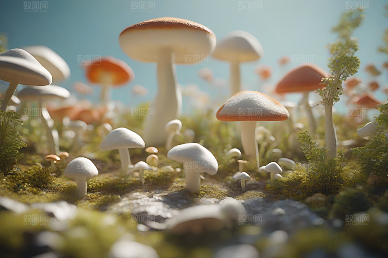 草地中的蘑菇群与逼真背景