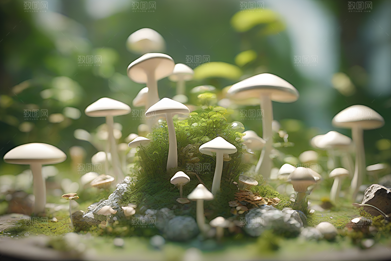 草地上的蘑菇群与模糊的背景