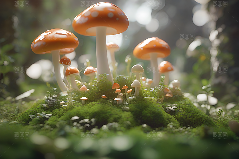 草地上的蘑菇群与模糊的背景