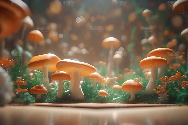 草地上的蘑菇群与模糊的背景