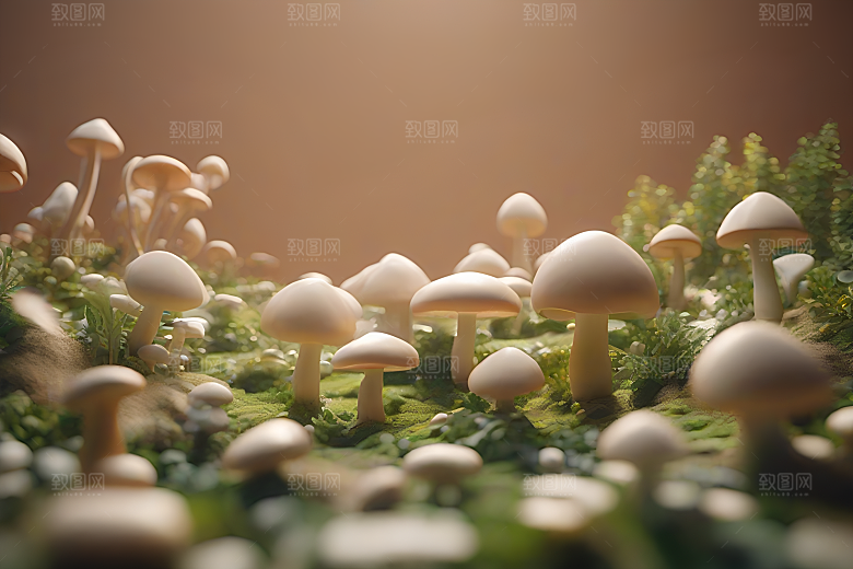 草地上的蘑菇群与模糊的背景