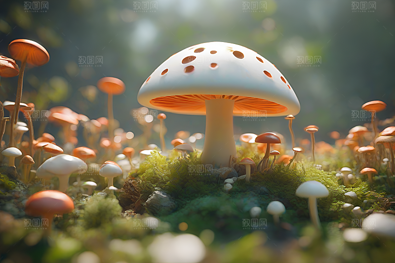 草地上的蘑菇群与模糊的背景