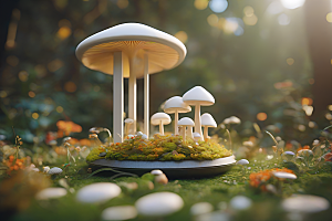草地上的蘑菇群与模糊的背景