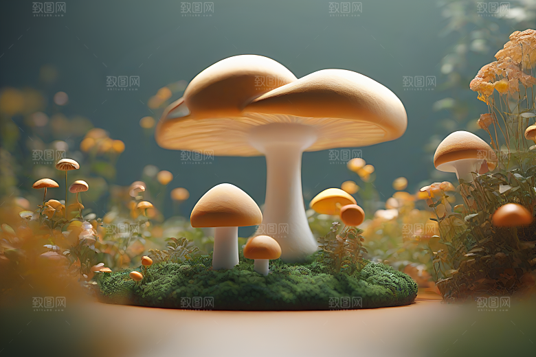 草地上的蘑菇群与模糊的背景