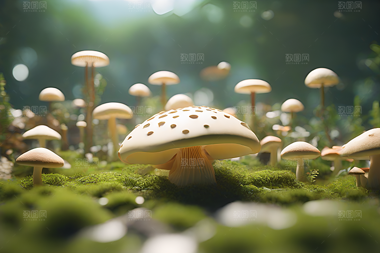 草地上的蘑菇群与模糊的背景