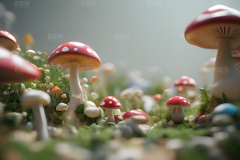 逼真的3D渲染中的蘑菇景象