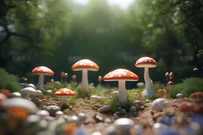 逼真的3D渲染中的蘑菇景象