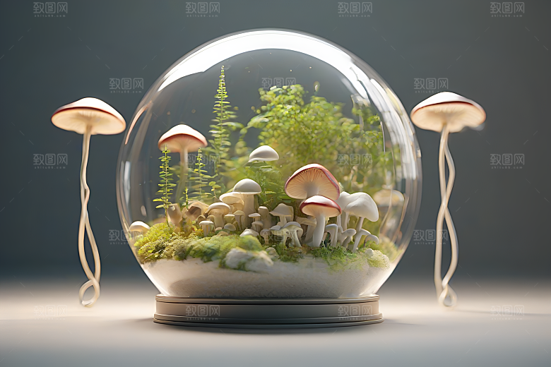 逼真的3D渲染中的蘑菇景象