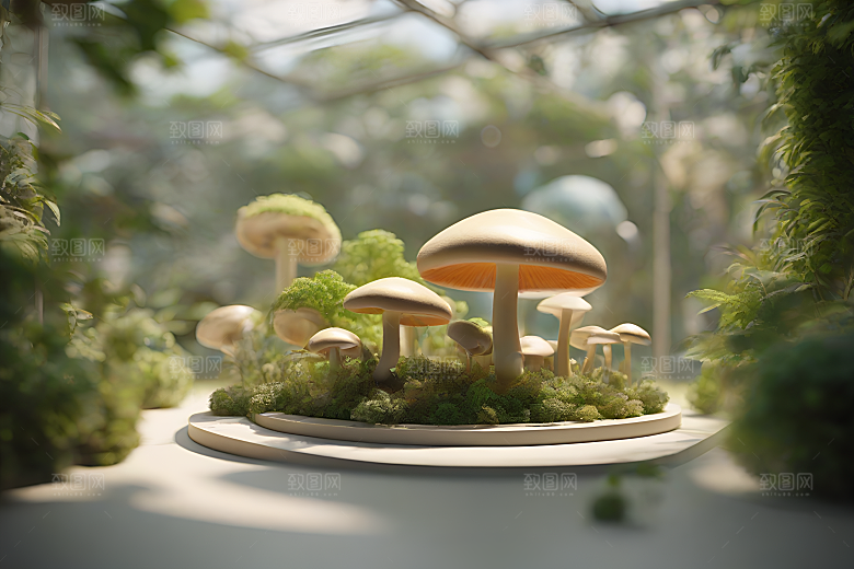 逼真的3D渲染中的蘑菇景象