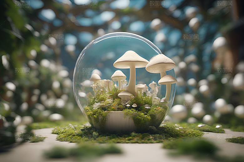 逼真的3D渲染中的蘑菇景象