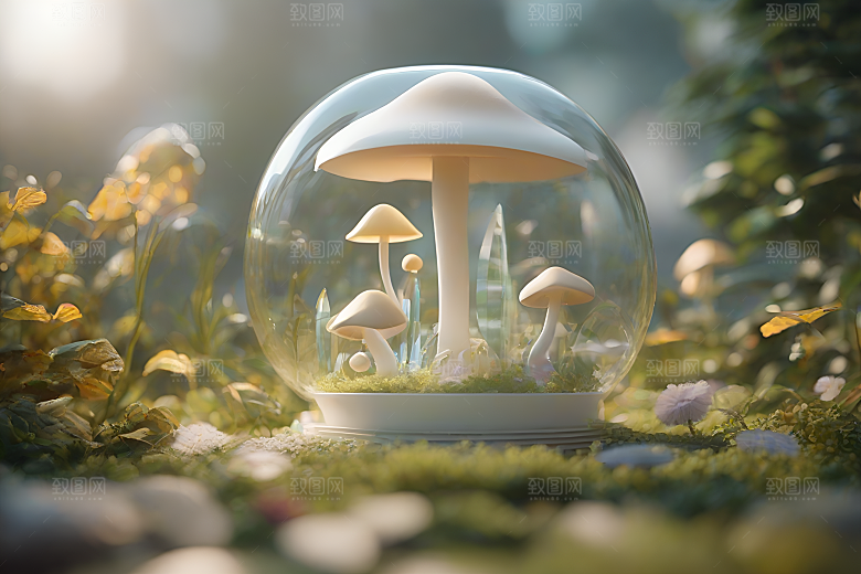 逼真的3D渲染中的蘑菇景象