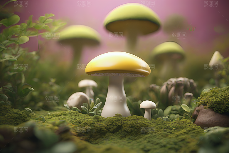 逼真的3D渲染中的蘑菇景象