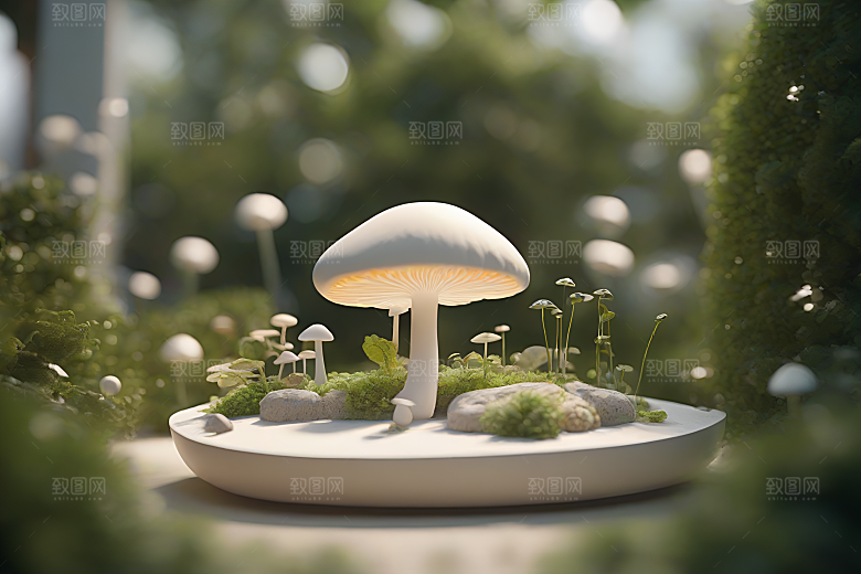 逼真的3D渲染中的蘑菇景象