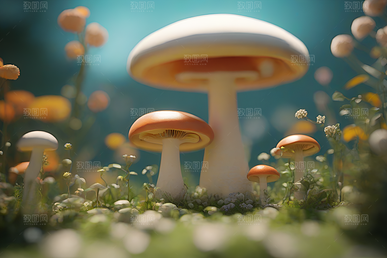 逼真的3D渲染中的蘑菇景象