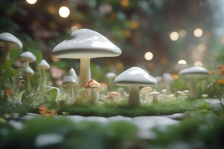 逼真的3D渲染中的蘑菇景象