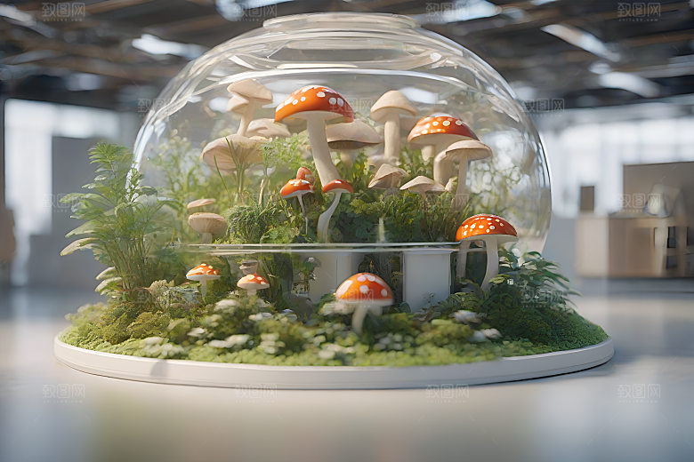 逼真的3D渲染中的蘑菇景象