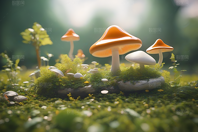 逼真的3D渲染中的蘑菇景象