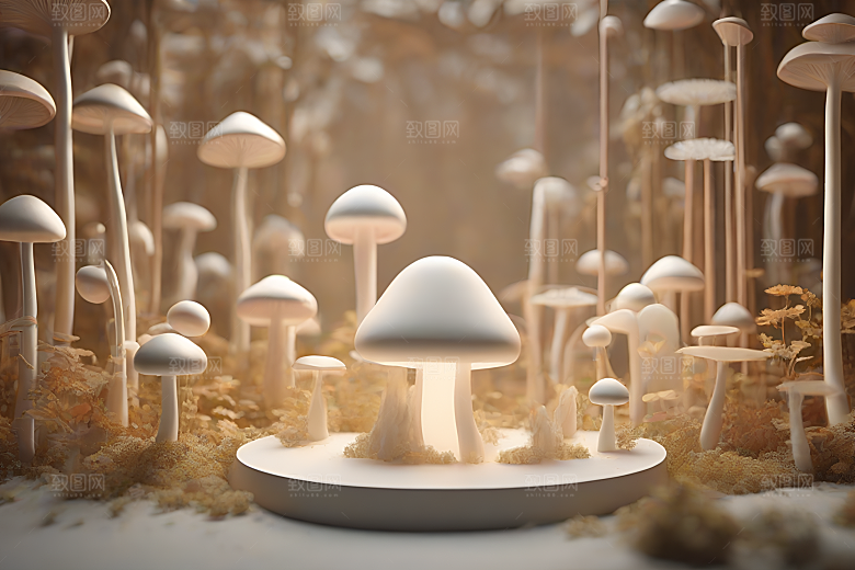 逼真的3D渲染中的蘑菇景象