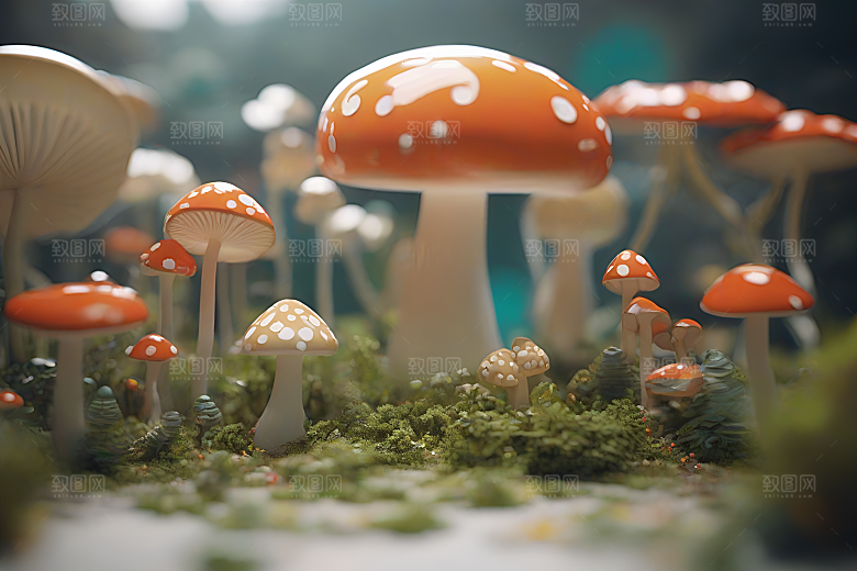 靠近树木和灌木丛的草地上的一群蘑菇