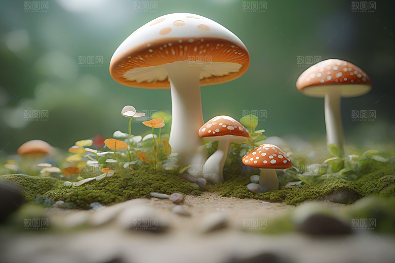 靠近树木和灌木丛的草地上的一群蘑菇