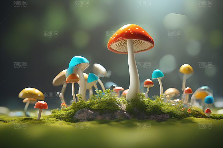 靠近树木和灌木丛的草地上的一群蘑菇