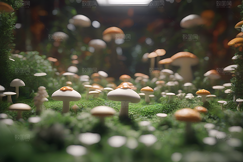 靠近树木和灌木丛的草地上的一群蘑菇