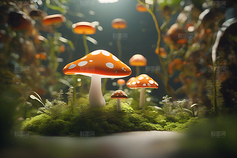 靠近树木和灌木丛的草地上的一群蘑菇