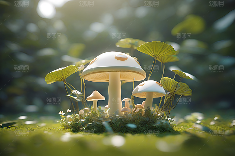 靠近树木和灌木丛的草地上的一群蘑菇