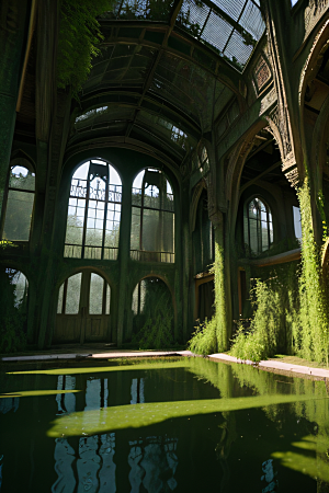废墟中的古老宫殿被藤蔓和苔藓覆盖景象