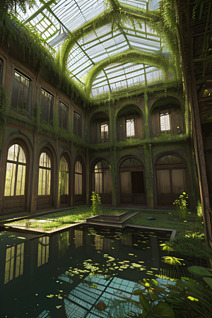 废墟中的古老宫殿被藤蔓和苔藓覆盖景象