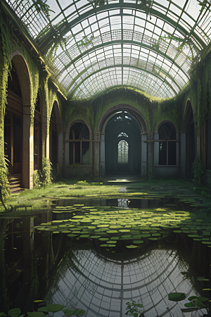 废墟中的梦幻宫殿被藤蔓和苔藓覆盖景象