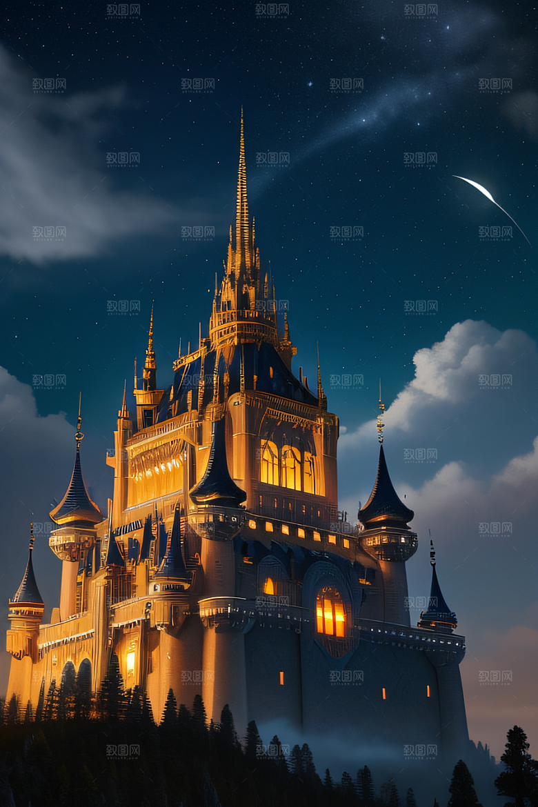 星空下的童话宫殿壮丽耸立