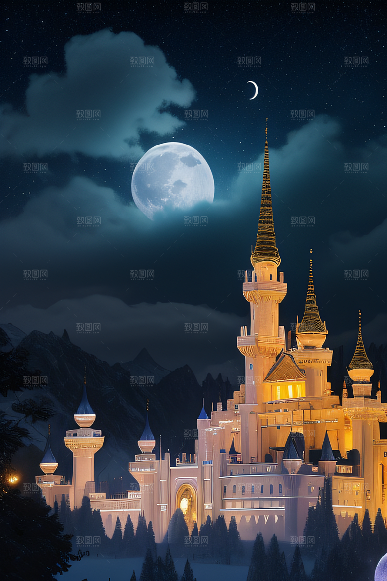 星空下的童话宫殿壮丽耸立
