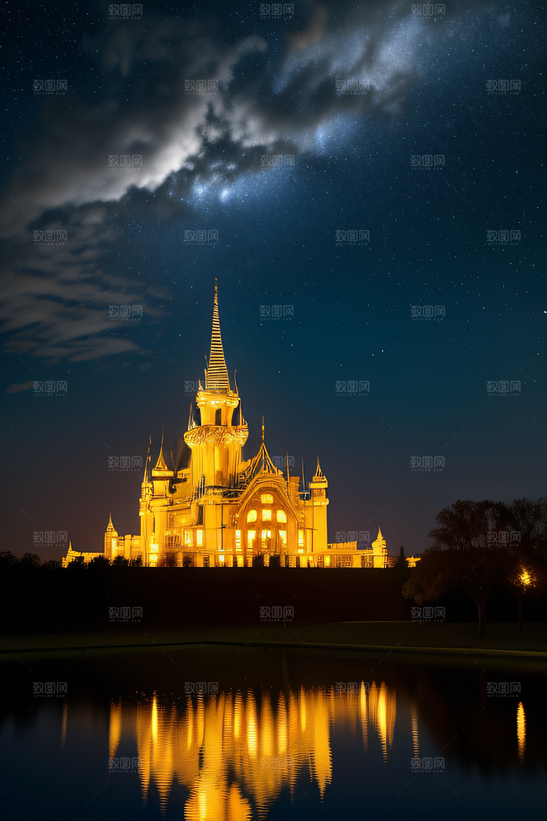 星空下的童话宫殿壮丽耸立