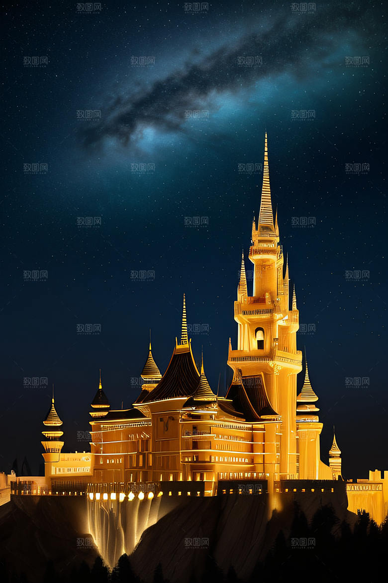 星空下的童话宫殿壮丽耸立