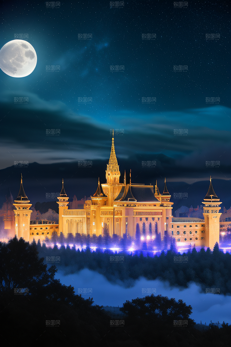 星空下的童话宫殿壮丽耸立