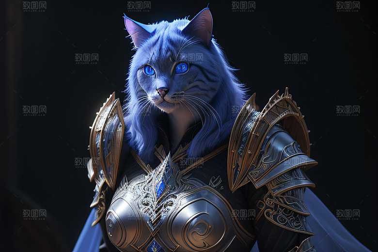 细节盔甲猫王法师蓝眼神秘魔法