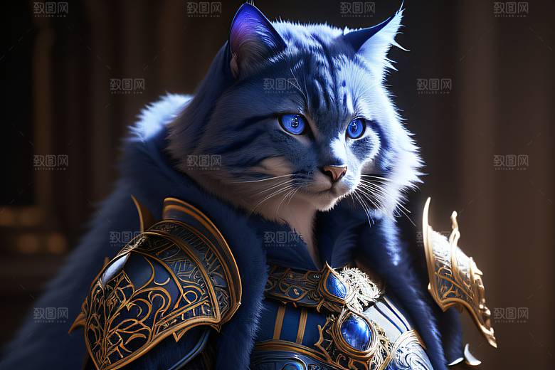 细节盔甲猫王法师蓝眼神秘魔法