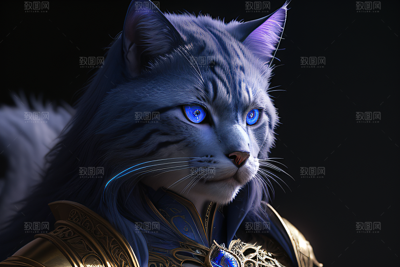 细节盔甲猫王法师蓝眼神秘魔法