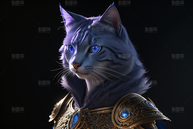 细节盔甲猫王法师蓝眼神秘魔法