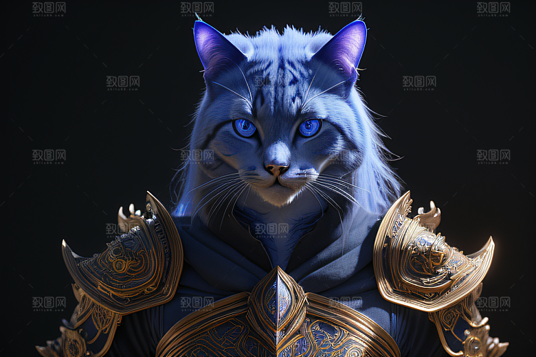 细节盔甲猫王法师蓝眼神秘魔法