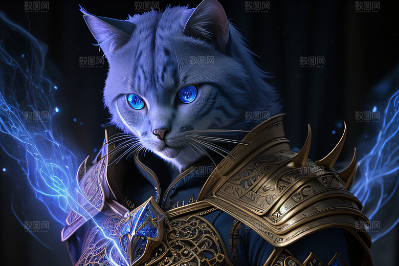 细节盔甲猫王法师蓝眼神秘魔法