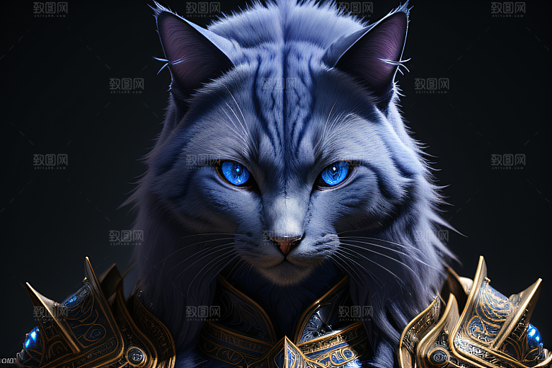 细节盔甲猫王法师蓝眼神秘魔法