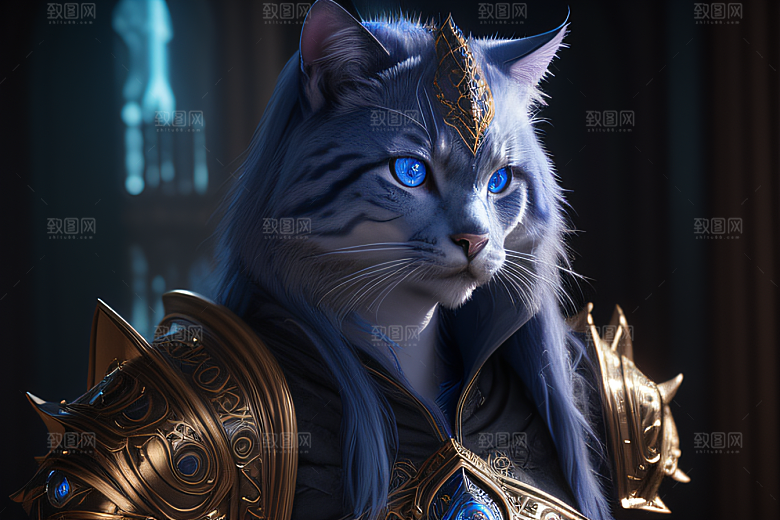 细节盔甲猫王法师蓝眼神秘魔法
