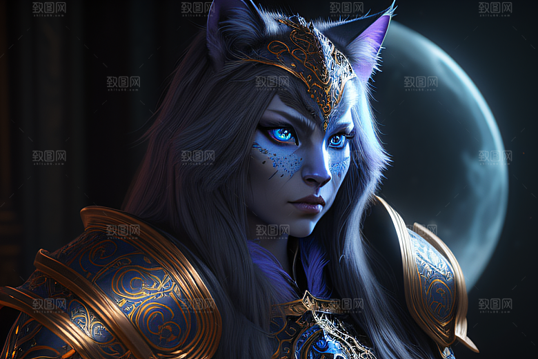 细节盔甲猫王法师蓝眼神秘魔法