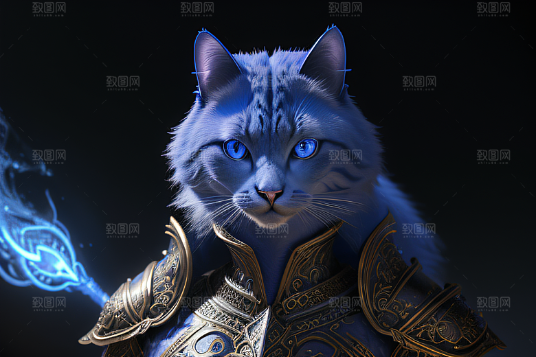 细节盔甲猫王法师蓝眼神秘魔法