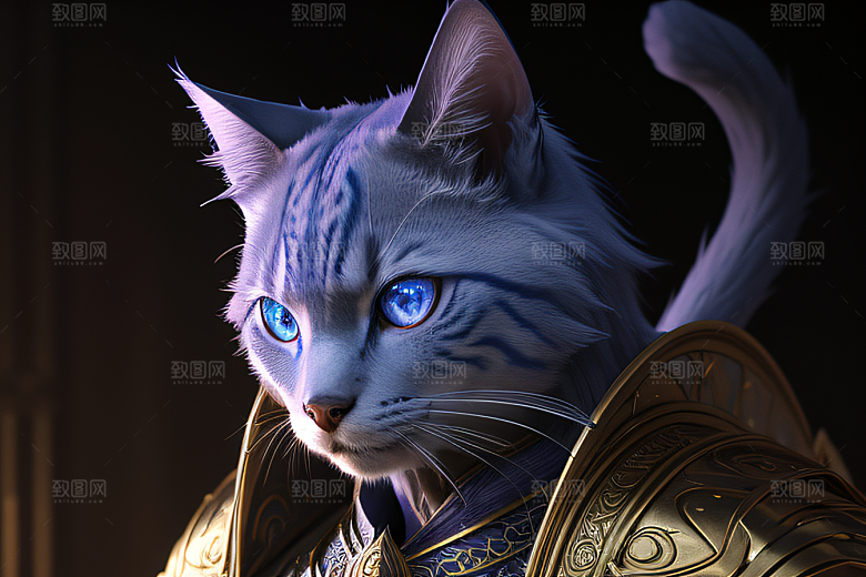 细节盔甲猫王法师蓝眼神秘魔法