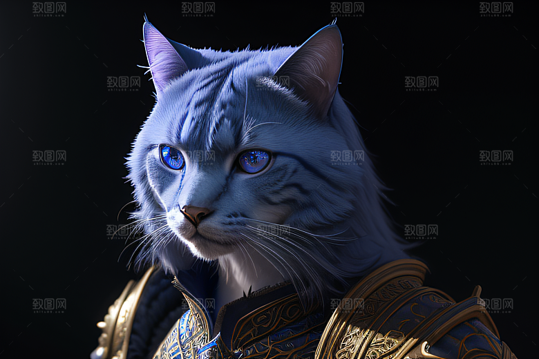 细节盔甲猫王法师蓝眼神秘魔法